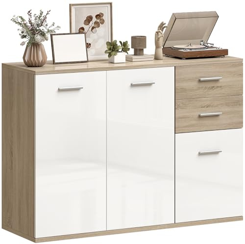 HOMCOM Buffet Salon Haut Brillance 106 x 35 x 76 cm Blanc et Bois Naturel