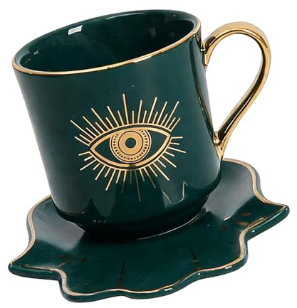 Hsyzygian Juego de tazas de té de cerámica con diseño de ojo malvado árabe con platillo a juego y ribete suave para café, leche, uso en taza de café con platillo