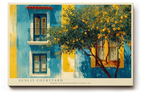 Paul Sinus Wandbild 90x60cm mediterranes Haus Zitronenbaum sonniger Innenhof moderne Landschaft Kunstbild Wanddekoration fuer Wohnzimmer Büro