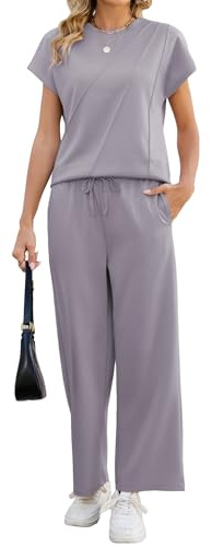 Famulily Tracksuit Womens Full Set Crew Neck Pleated Top & Wide Leg Cropped Trousers Summer 2 Piece Outfits with Pockets S-XXL