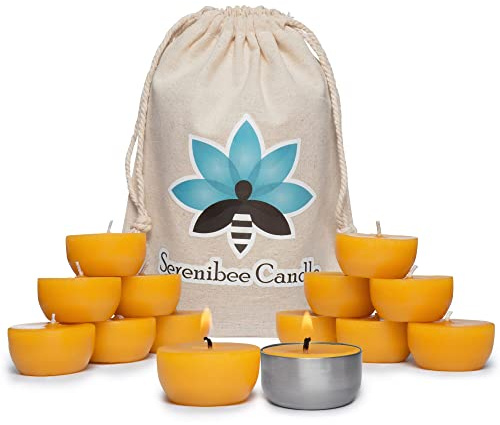 Serenibee Tea Light Candles - 100% Pure Beeswax Candles with one Custom Reusable Sturdy Steel Candle Holder and Reusable Cotton Bag Eco Friendly Gift Set(12 & 24)