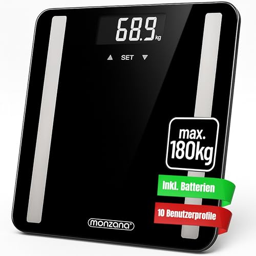 MONZANA Personenwaage Digital BIA Analyse Waage für 10 Nutzer 30x30cm | Körperwaage mit Große Trittfläche, LCD-Display, inkl. 2 AAA-Batterien, kg, lb, st, Körperwasser, Muskel, Knochenmasse