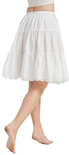 BEAUTELICATE Unterrock Damen Baumwolle Vintage A-Linie Rock Lang Kurz Halbrock mit Spitze Petticoat Unterrock für Dirndl Durchsichtige Kleider,Elfenbein Weiß - 55cm Länge,M