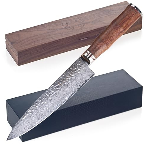 SCHWARTZHIRSCH® Caliburn – Das handgefertigte Kochmesser aus japanischem Damaststahl mit erlesenem Echtholz-Griff in exklusiver Walnußholz-Schatulle (20cm, Damastmesser, Geschenkverpackung)