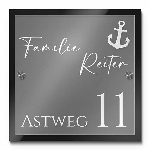 Hochwertiges Namensschild Hausnummer mit Gravur aus Acrylglas 22x22 cm mit über 80 Motiven Türschild für die Haustür mit Namen Haustürschild Familienschild Haus Garten
