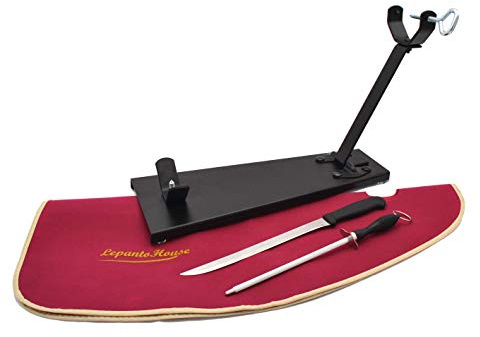LEPANTO JAMONERO Negro Plegable FC + Set Burdeos Soporte JAMONERO Plegable Tipo C con Cuchillo JAMONERO CHAIRA Y Cubre Jamon DE Regalo para JAMONES PALETAS Y PALETILLAS (Set Burdeos)
