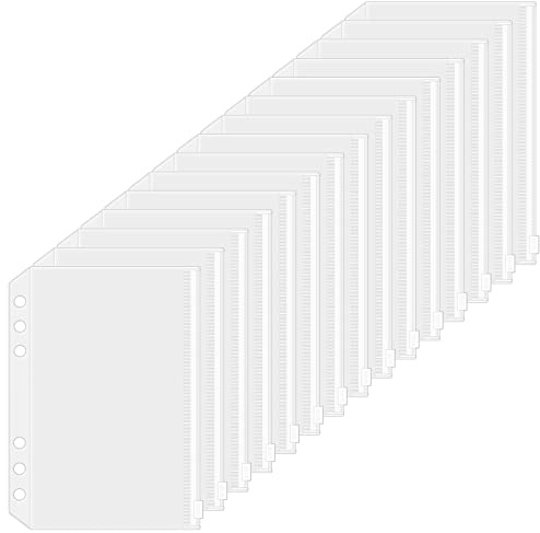 HAUTOCO 15PCS A5 Zipper Binder Punched Pockets, 6-Holes Clear Plastic Wallet Loose Leaf Bags Budget Binder Planner Insert for Cash Envelopes Bills Document Document Organizer