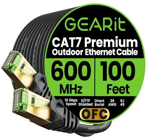 GEARit Cat7 Outdoor Ethernet Cable (100ft) SFTP Shielded Foil Twisted Pair, Pure Copper, LLDPE, Waterproof, Direct Burial, In-Ground, UV Resistant, POE, Network, LAN, Internet, Cat 7-100 Feet