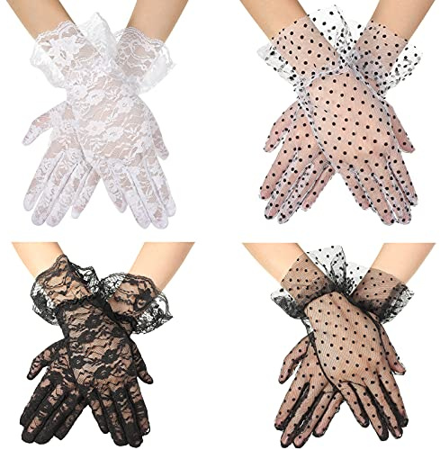 Geyoga 4 Pairs Lace Gloves Women Tea Party White Black Short Novelty Polka Dot Summer Glove Vintage Elegant Floral Gloves Evening Accessories for Dressy Dinner Bridal Wedding Funeral Opera Dressy