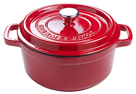 XSQUO OGT-2R22R, Useful Tech Pentola in ferro pressofuso rotonda con rivestimento ceramico vetrificato Cocotte con coperchio, Gourmet Tools (Rosso, 22 cm)