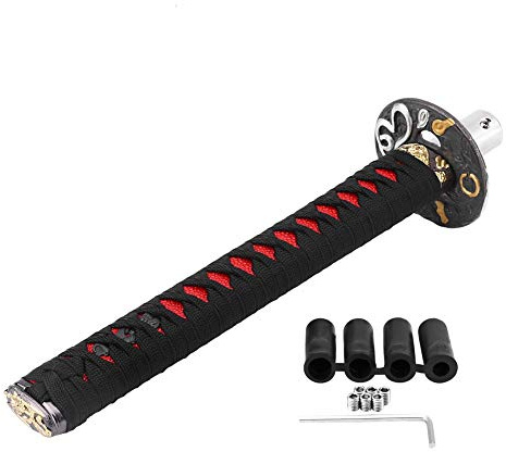 Japanisches Schwert Auto Schaltknauf mit 4 Adaptern, Schwarz Rot, Kohlenstoffstahl und Holz, 26,5 cm Länge, Manuell und Automatik Getriebe