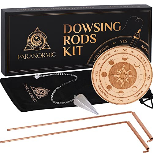 Kit Radiesthésie en Cuivre - 2 Baguettes de Sourcier avec Pendule Quartz, Quartz naturel, poignées rotatives, tapis de radiesthésie et pochette pour divination, débutants et praticiens