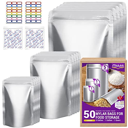 Sacchetti di Mylar per assorbitore di ossigeno per alimenti, 43.5 x 71 cm, 25 x 35 cm, 1 quarto 15 x 22 cm, 8,6 mil, Sacchetti di Mylar per assorbitore di ossigeno 23000 cc + etichette (pezzi 50)