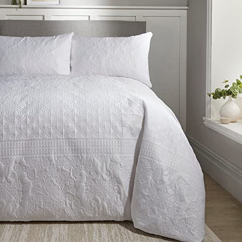 Serene White Pinsonic Duvet Cover – Double Size 200x200cm – Embossed Stripe Bedding – Soft Touch Luxury Bed Linen – Traditional Embroidery Style – Avery Collection – Elegant Bedroom Decor