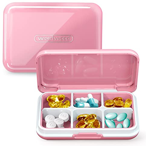 DUOUPA Tablettenbox, 6 Fächer Pillendose Abnehmbare, Wasserdichte Medikamentenbox für Reise & täglichen Gebrauch(Rosa)