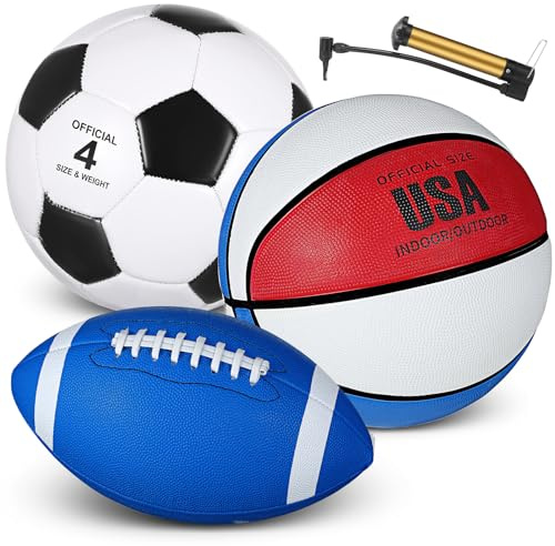Libima 3 Pcs Sports Ball Set for Kids Teens Include Official Size Basketball Soccer Football with Pump and Carry Bag Training Practice Sport Back to School Gift(Blue, Red)