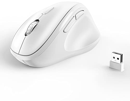 Micropack, mouse ergonomico senza fili con dongle USB per PC, laptop e desktop, mouse verticale con clic silenzioso, lunga durata della batteria, fino a 1600 DPI e 1 batteria AA, bianco