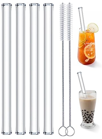 Realure 4 Pezzi Cannucce Bubble Tea, 14mm Extra Largo Cannucce Riutilizzabili con 2 Spazzole, Trasparenti Dritto Cannucce di Vetro 21,5 cm, Cannuccia Riutilizzabile per Cocktail, Bere, Succhi, Yogurt