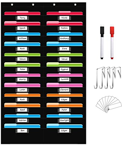 REGELETO 24 Pockets File Storage Pocket Chart with 24 Nametag Pockets, Hanging Wall File Organizer for Classroom and Office, Organize Your Assignments, Files, Scrapbooks, Paper (Black-24 pockets)