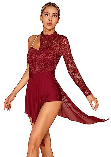 CHICTRY Damen Spitze Ballettkleid EIN Schulter Tanzkleid Lyrisch Blumenmuster Ballett Body Patchwork Trikot Mit Asymetrisch Rock Dancewear Burgundy XL