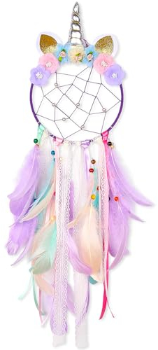 MHJY Einhorn Traumfänger Mädchen Großer Dreamcatcher Kinder Schlafzimmer Zubehör Handgemacht Bunte Federn Blumen Wandbehang Dekoration Kinderzimmer Geburtstagsgeschenk Junge