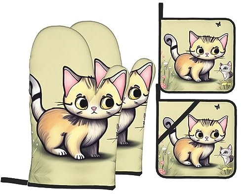 YYHHAOFA Katze und Schmetterling Küche Backen vierteiliges Set - Isolierter Ofenhandschuh und Topflappen für dicken und langlebigen Verbrühschutz