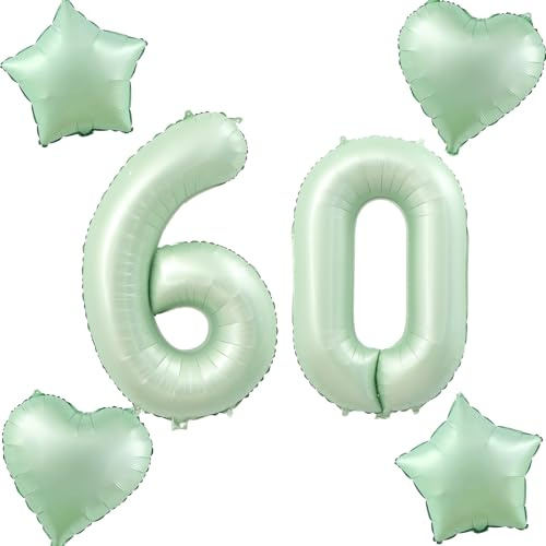 Olive Grün Luftballons Zahl 60+4 pcs herz/stern Folienballon Zahl 60 .Geburtstag frau mädchen,60 Riesenzahl Ballons 60 .geburtstagsdeko mann,Zahlenballon 60, Helium Ballons 60 Zahlen Luftballon