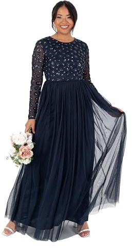 Maya Deluxe Women's Women's Ladies Maxi Dress Long Sleeve Round Neck Sequin Embellished Tulle Floral A-line for Occasion Prom Ball Gown Dress (Pack of 1)