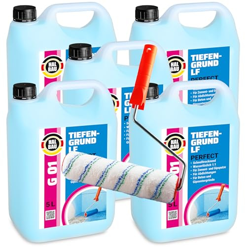 HALBAU Tiefengrund LF Perfect 25 L, Voranstrich unter Abdichtungen, Grundierung für Putz, Beton + Farbroller 25cm Mikrofaser Set G01