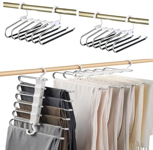 Set di 2 Grucce Pantaloni Salvaspazio Antiscivolo Resistenti in Acciaio Inossidabile Con 6 Ganci - Asta Appendi Pantaloni da Armadio Appendiabiti Multifunzionale Stampelle