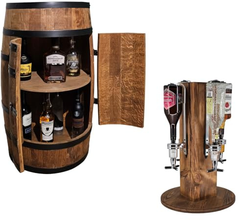 CREATIVE COOPER set av en träbar vinfat med dörr och ett alkoholstativ med 4 pipar wenge