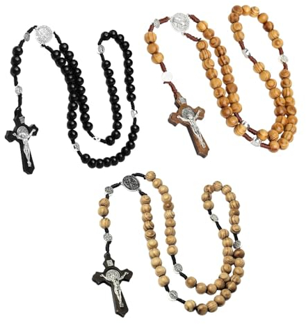 3 rosario in legno di ulivo con finiture in 3 tipi di teka, rosario uomo con croce di San Benedetto e intagliato manuale tipo perla | rosari religiosi donna | rosari religiosi (3 colori)