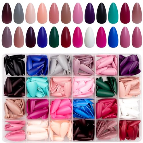 JUSTOTRY 576 Pcs Matt Mandel Nägel Zum Aufkleben Mittel, 24 Farbe Einfarbig Press on Nails Short,Reusable Kunstnägel Fake Nails mit Nagelfeile,Oval Fingernägel Künstliche Nägel für Frauen