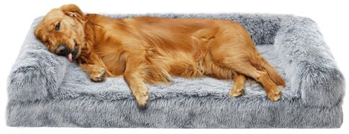 DEBANG HOME Orthopädisches Hundebett für mittelgroße Hunderassen, Hundesofabetten mit Kissen, hochdichtes Schaumstoff-Hundebett, wasserdicht, Deluxe-Plüsch-Couch-Hundebett mit abnehmbarem, waschbarem