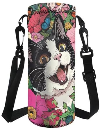 COEQINE Cute Cats Floral Water Bottle Carrier With Shoulder Strap Lightweight Kids Water Bottle Holder For Bike Washable Insulated Water Bottle Case With Drawstring for Non Slip