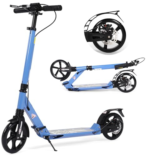 Monopattino per bambini dagli 8 ai 12 anni in su, ruote grandi da 200 mm, per adulti con freni a disco, scooter per adulti con cinghia per il trasporto e doppio assorbimento degli urti