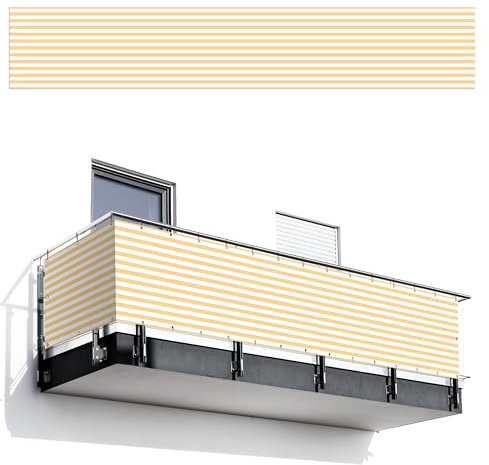 MuchoWow© Balkon Sichtschutz Einseitig Groß PVC Seitenwand Terrassen für | 90x500 cm - den Garten ohne bohren Wetterfest Seitlich Zaun Terrasse Balkon Dekoration Muster - Streifen - Gelb - Weiß
