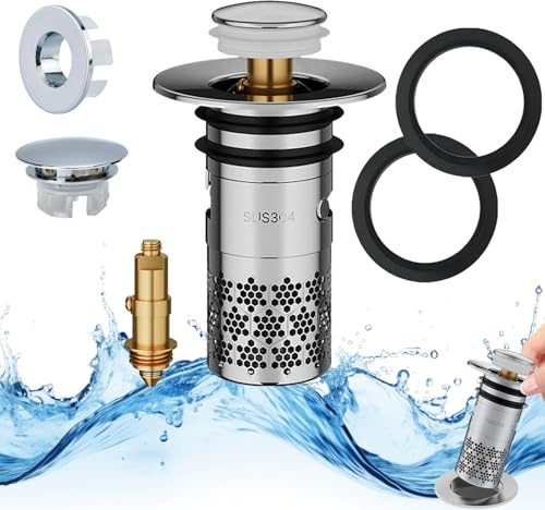 Waschbeckenstöpsel mit Sieb, Abflussstopfen Waschbecken Sieb, Abfluss Stöpsel Waschbecken, Abflusssieb Waschbecken Stopfen mit Haarsieb, Pop up Ablaufventil für 34-40mm Abflussloch, mit Überlaufring