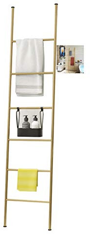 CAFIEDR Badezimmerregale, an der Wand lehnender Handtuchhalter, Handtuchleiter aus Metall für Schlafzimmer, freistehende Deckenleiter, Organizer-Ständer für Wohnaccessoires/Weiß, Gold