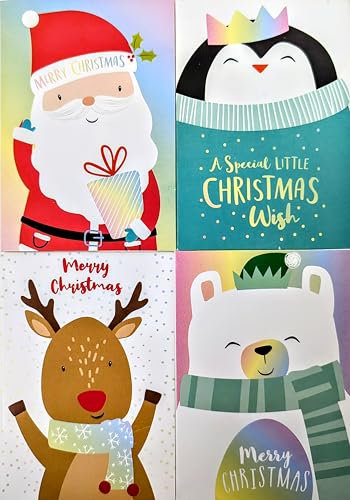 32 Mini Christmas Cards for Kids – 4 Cute Designs – Santa, Reindeer, Penguin & Polar Bear – With Red Envelopes – Small Festive School Cards for Children – 8.5 x 6 cm
