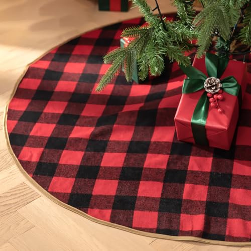 Leisuremix Christmas Tree Skirt 90cm/36 Inch Buffalo Plaid Tree Skirt, Black and Red Xmas Tree Skirt for Christmas Tree Holiday Decoration