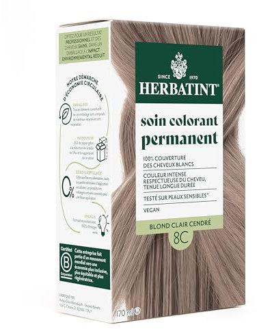 Herbatint Soin Colorant Permanent Cheveux 8C Blond Clair Cendré - 170 ml | Sans Ammoniaque, 100% Couverture Cheveux Blancs | Testé Dermatologiquement pour Peaux Sensibles, avec 8 Extraits Végétaux Bio