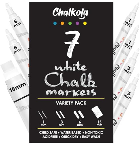 Chalkola 7 White Window Chalk Pens for Car Glass (1mm, 3mm, 6mm, 15mm) | Washable Fine Tip, Bold & Jumbo Size - Dry Erase Liquid Chalk Markers Erasable for Blackboard, Chalkboard Signs, Bistro