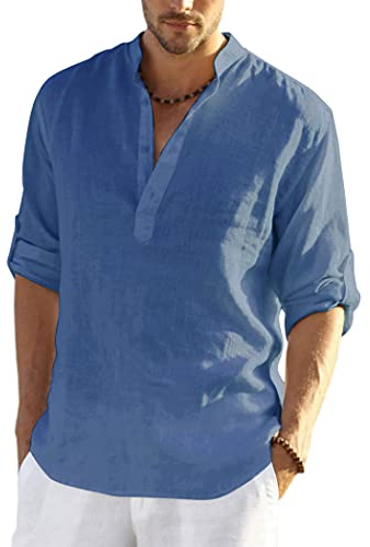 COOFANDY Chemise en Lin Henley à Manches Longues pour Homme d'été en Coton Col décontractée Chemise