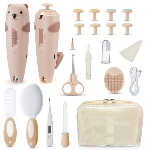 Lilian&Gema Kit Neonato 28 in 1,Lima Elettrica per Unghie Neonato, Lima Unghie Neonato Silenziosa,Tagliaunghie Neonato con Luce,6 Teste di Macinazione,Ricarica di Type-C, Kit Completo Cura Bambino
