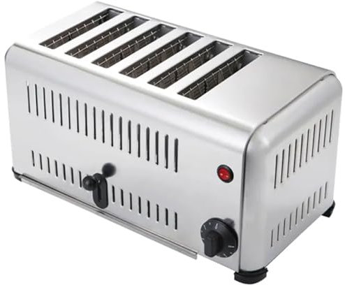 guoyjmm Grille Pain Toaster Professionnel pour 6 Tranches, Grille-Pain Commercial en Acier Inoxydable, Fentes Extra Larges, Plateau à Miettes Amovible, Réglable à Cinq Vitesses