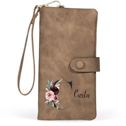 Jeweidea Portefeuille Personnalisé Femme avec Nom Lettre Portefeuille en Cuir PU avec Dragonne Carte Identité Pièce de Monnaie Fermeture éclair Cadeaux Maman Mamie Femme (Marron)