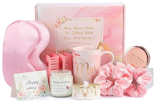 Coffret cadeau d'anniversaire pour femme, coffret cadeau d'anniversaire de luxe pour femme, tasse à café, masque pour les yeux en soie, mini miroir, anniversaire pour meilleure amie, collègue, maman