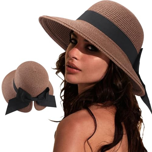 DRESHOW Bowknot Chapeau de Soleil pour Femme Bord Large Chapeau de Soleil de Pplage Pliable pour l'été Chapeau Sarouel en Paille à Large Bord avec Nœud UPF 50+