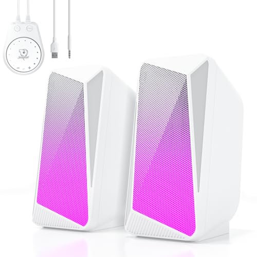 SOULION C30 Altavoces PC Bluetooth Blanco para Monitor, Portátil, Juegos, Entrada Auxiliar de 3,5 mm, Alimentación por USB, Iluminación LED de Colores, 1 par